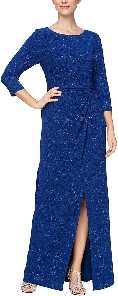 Pre-owned Alex Evenings Women's Long Dress With Knot Front Detail In Electric Blue Glitter