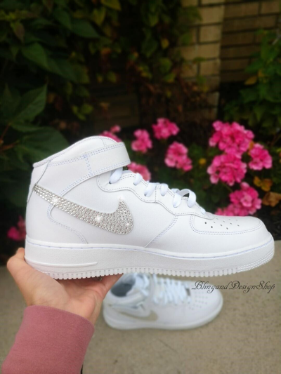 Pre-owned Swarovski Womens Nike Air Force 1 07 Mid White Sneakers Shoes Made With  Crystals