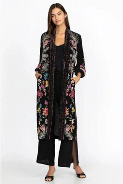 Pre-owned Johnny Was Tiarei Velvet Bishop Sleeve Kimono Coat Floral Embroidery Black