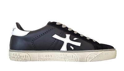 Pre-owned Premiata Men's Shoes Sneakers In Leather And Suede Steven_5439 Black White