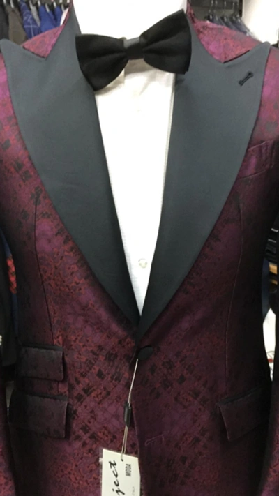 Pre-owned Handmade Red/burgundy Ceremonial Tuxedo With Black Silk 5 Inch Peak Lapel - Made In Italy