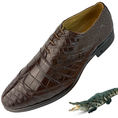 Pre-owned Handmade Brown Men Alligator Oxford Shoes Genuine Crocodile Leather Lace-up Dress Brogues