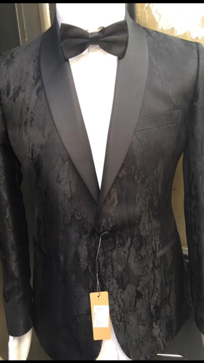 Pre-owned Handmade Black Jacquard We Print Tuxedo Suit In Silk Shawl Lapel - Made In Italy