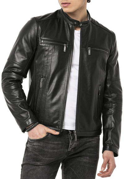 Pre-owned Redbridge Men Leather Jacket Real Leather Transition Biker Motorcycle Jacket In Black