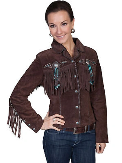 Pre-owned Scully Leather Womens Beaded Fringe Conchos Boar Suede Jacket Chocolate In Brown
