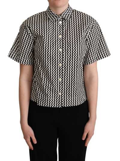 Pre-owned Dolce & Gabbana Top Cotton Black White Zigzag Collar Shirt It42/ Us8/ M Rrp $600 In Multicolor