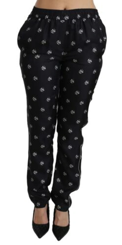 Pre-owned Dolce & Gabbana Dolce&gabbana Women Black Pants 100% Silk Printed Mid Waist Fashion Trousers