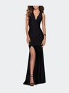 La Femme Sleek Prom Dress With Deep V-neckline And Tie Back In Black