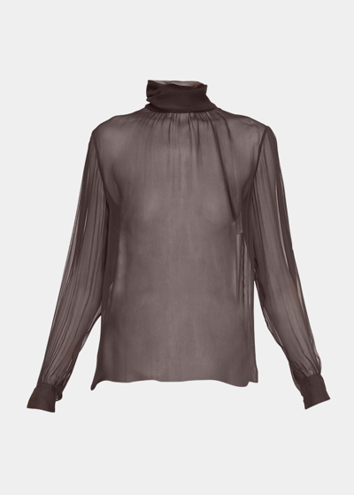 Saint Laurent Sheer Turtleneck Blouse In Cafe