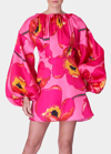 Carolina Herrera Floral-print Balloon-sleeve Silk Mini Dress In Pink Multi