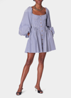 Carolina Herrera Button-embellished Gathered Striped Cotton-poplin Mini Dress In White / Blue