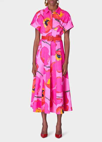 Carolina Herrera Floral-print Kimono-sleeve Paneled Midi Shirtdress In Poppy Multi