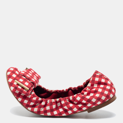 Pre-owned Louis Vuitton Red/white Fabric Scrunch Bow Ballet Flats Size 37.5