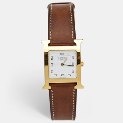 Pre-owned Hermes White Gold Plated Stainless Steel Leather Heure H Hh1.501 Women's Wristwatch 26 Mm