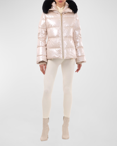 Gorski Apres-ski Shiny Jacket W/ Detachable Lamb Shearling Trim In Beige/black