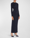 Giorgio Armani Embellished Waist Longsleeved Gathered Dress In Solid Blue Navy