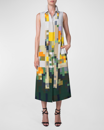 Akris Pixel Flower-print Neck-tie Crepe Midi Shirtdress In Neutral