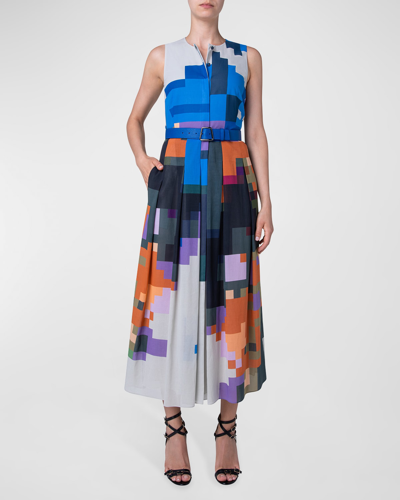 Akris Pixel Floral-print Pleated Tea-length Dress W/ Belt In Neutral