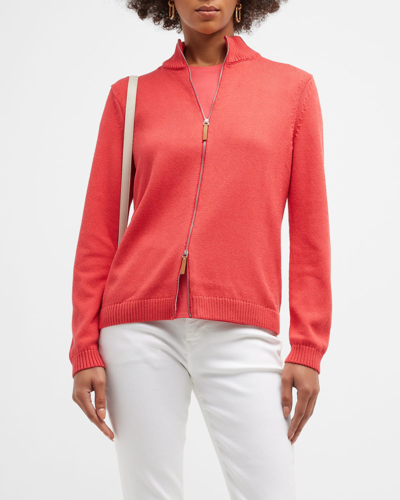 Lafayette 148 Cotton/silk Tape Fitted Bomber Sweater In Vibrant Coral