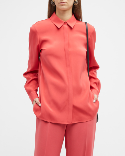 Lafayette 148 Ruxton Collared Silk Blouse In Vibrant Coral