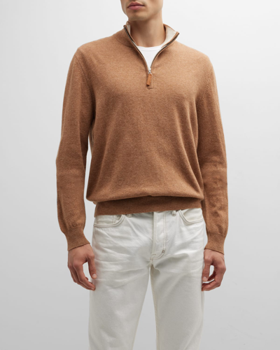 Neiman Marcus Men's Wool-cashmere 1/4-zip Sweater In Camel