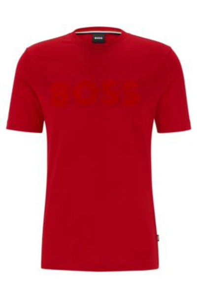 Hugo Boss Boss Men's Flock-print Logo In Cotton Jersey T-shirt In Red