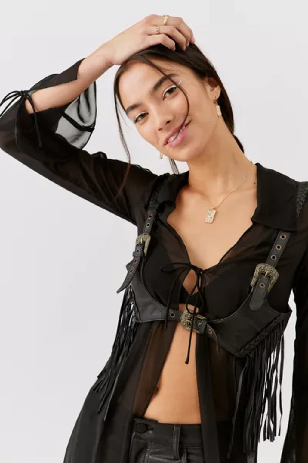 Urban outfitters Black Leather Fringe Harness Top large Fringe Vegan Leather Harness Top – Festival Rave Fashion  main image 4