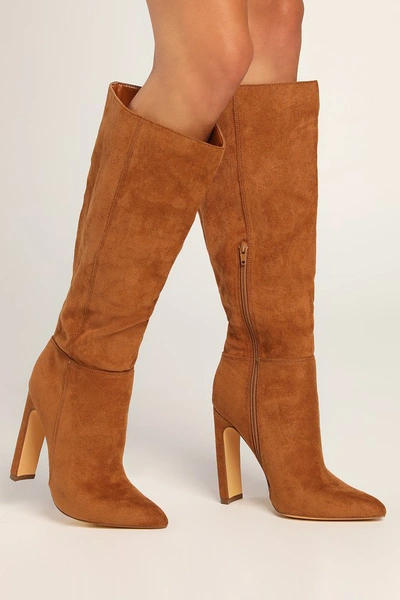 Lulus Shakirah Chestnut Faux Suede Knee High High Heel Boots In Brown