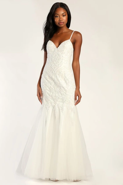 Lulus Dream Romance White Beaded Tulle Trumpet Maxi Dress