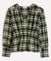 Ganni Elfin Check Organic-cotton Blend Seersucker Blouse In Check Elfin Yellow
