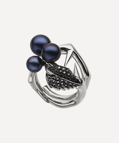 Shaun Leane Sterling Silver Blackthorn Leaf Cluster Black Spinel And Pearl Band Ring