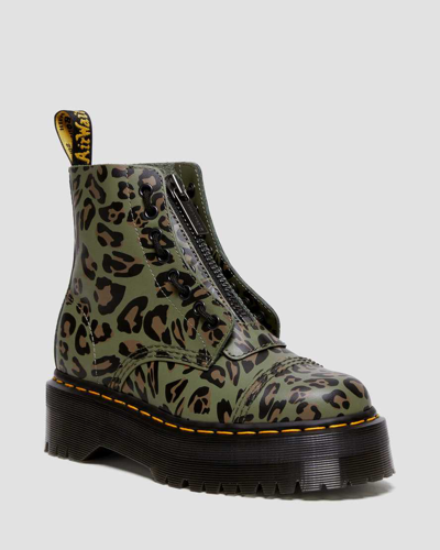 Dr. Martens' Sinclair Distorted Leopard Print Platform Boots In Khaki Green