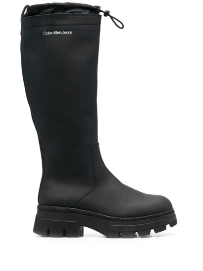 Calvin Klein Drawstring Knee-high Rain Boots In Schwarz