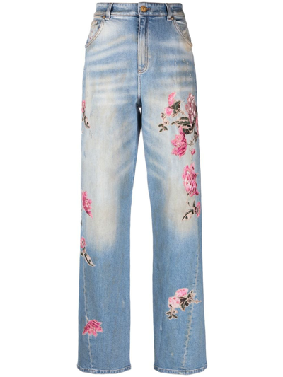 Blumarine Floral-embroidered Boyfriend Denim Jeans In Blue