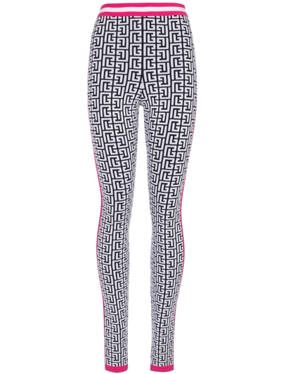 Balmain Side-stripe Monogram Knit Leggings In Noir Blanc Fuchsia