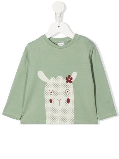 Knot Babies' Llama-print Long-sleeve T-shirt In Green