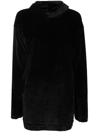 Balenciaga Velvet-effect Long-sleeved Hoodie In Black