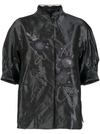Shiatzy Chen Embroidered Silk Puff-sleeve Jacket In Black