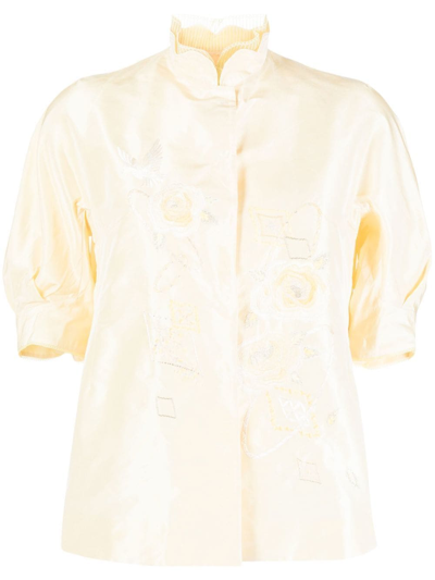 Shiatzy Chen Embroidered Silk Puff-sleeve Jacket In Yellow