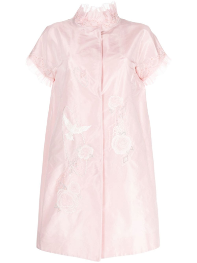 Shiatzy Chen Silk Embroidered Ruffle-trim Coat In Pink