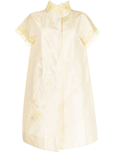 Shiatzy Chen Silk Embroidered Ruffle-trim Coat In Yellow