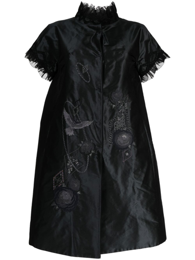 Shiatzy Chen Silk Embroidered Ruffle-trim Coat In Black