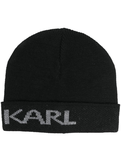Karl Lagerfeld Intarsia-knit Fine-knit Beanie In Black