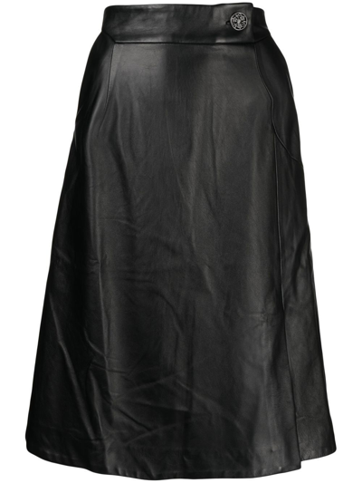 Shiatzy Chen Leather Midi Skirt In Black