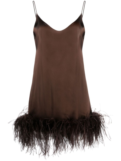 Oseree Feather-trim Silk Dress In Brown
