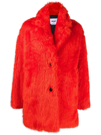 Msgm Notched-lapel Textured-finish Coat In Red