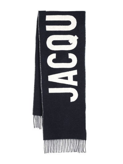 Jacquemus Logo-jacquard Fringed Wool Scarf In Blue