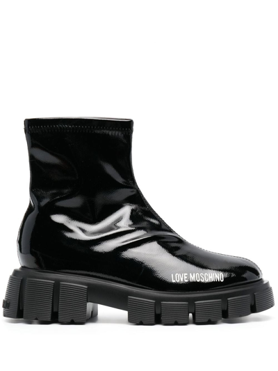 Love Moschino High-shine Logo-print 50mm Boots In Black