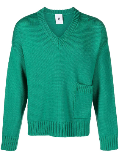 Pt Torino V-neck Knitted Jumper In Green