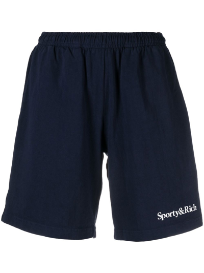Sporty And Rich Serif Logo-print High-rise Cotton-jersey Shorts In Blu